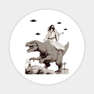 Jesus Riding Dinosaur UFO Funny Magnet